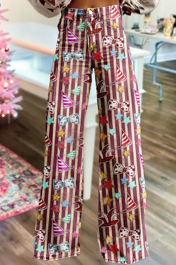 Retro Mardi Gras Striped Print Wide-Leg Pants