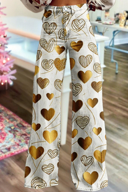 Sweet Valentine'S Day Gold Heart Wide-Leg Pants