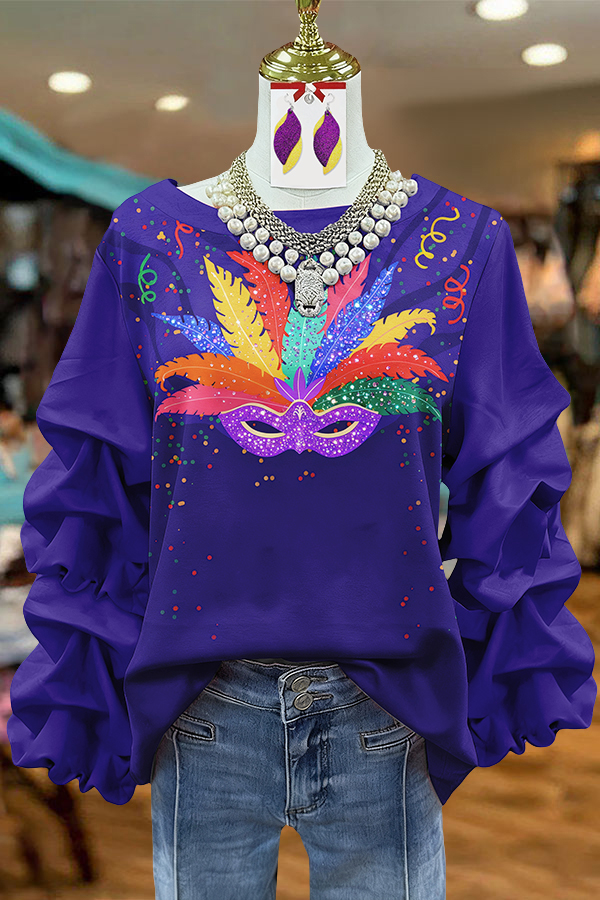 Charming Mardi Gras Mask Pleated Sweatshirt