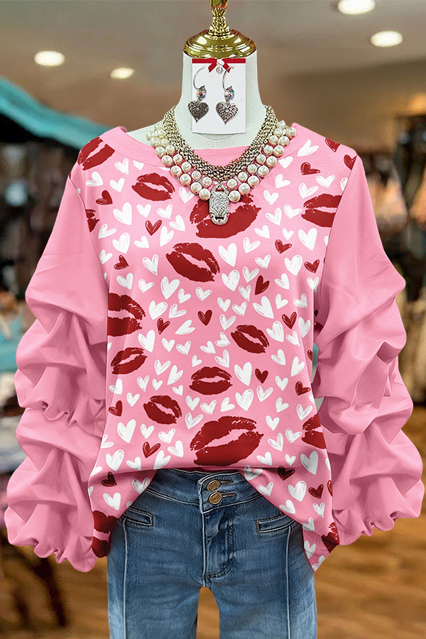Valentine'S Day Heart Kiss Patchwork Sweatshirt