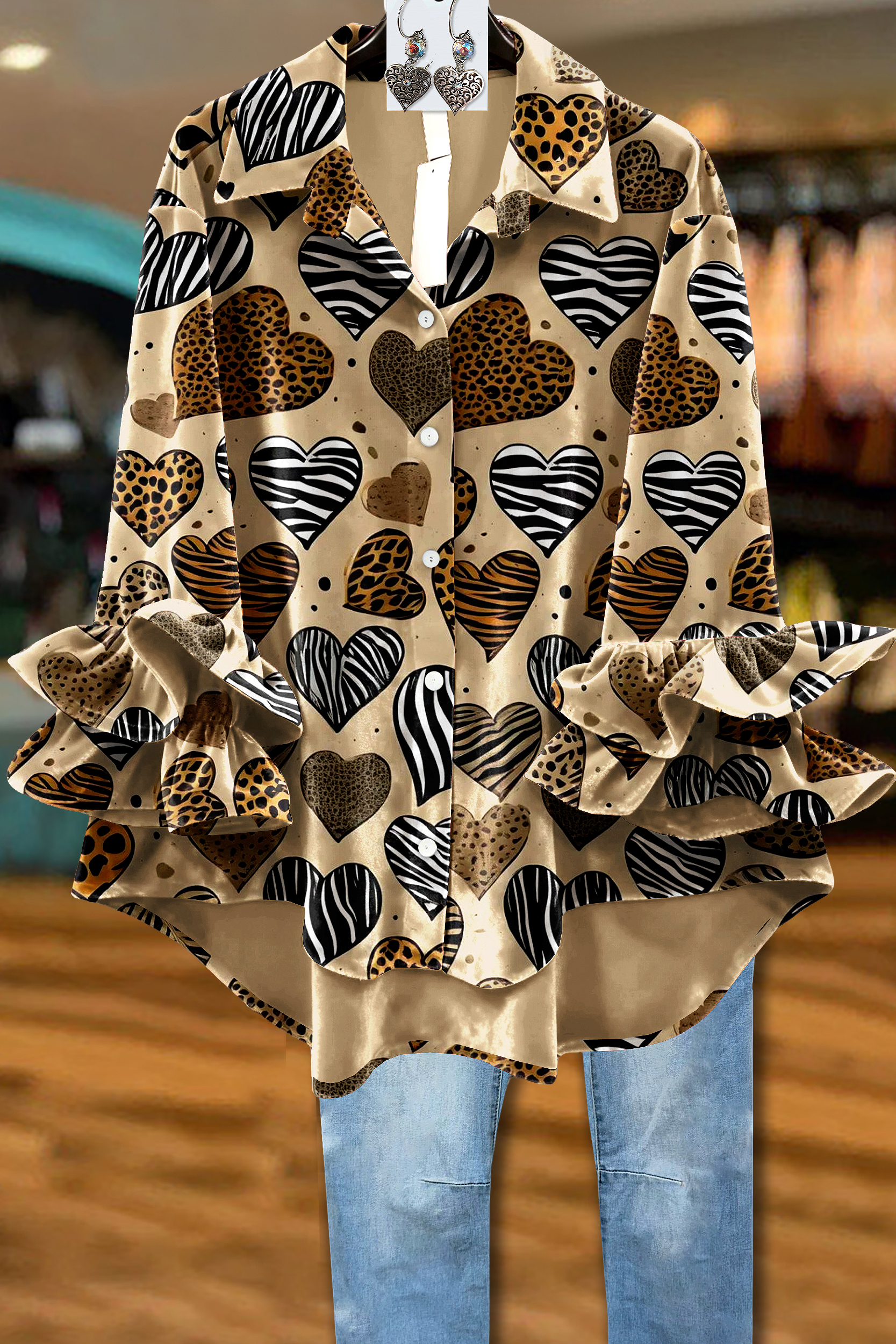 Velvet Heart Animal Print Ruffled Sleeve Top