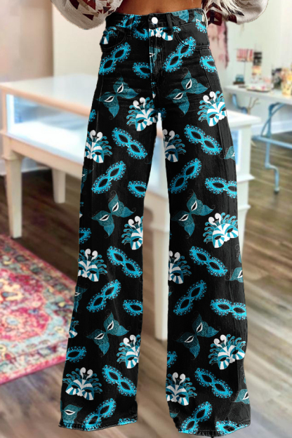 Western-Style Mardi Gras Mask Wide-Leg Pants