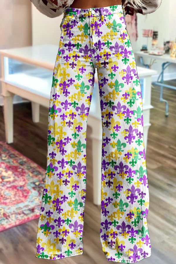 Mardi Gras Fleur-De-Lis Wide-Leg Pants