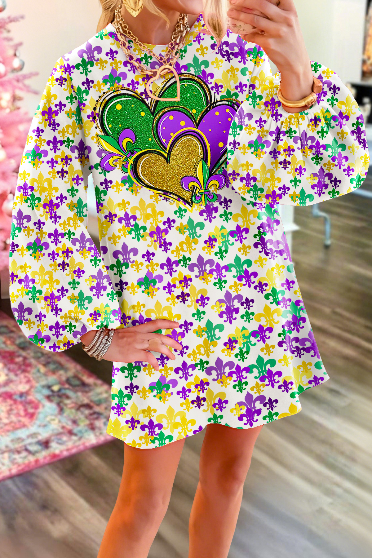 Mardi Gras Fleur-De-Lis Sparkling Heart Sweatshirt Dress
