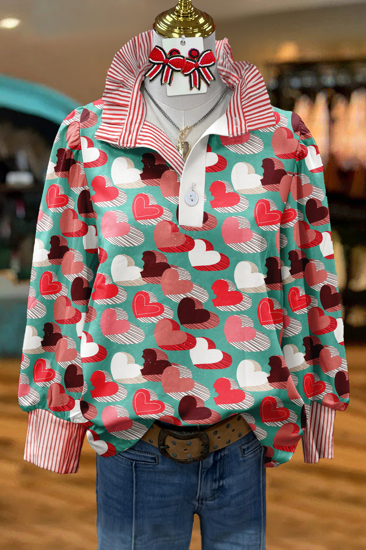 Valentine'S Day Color-Blocked Heart Striped Shirt
