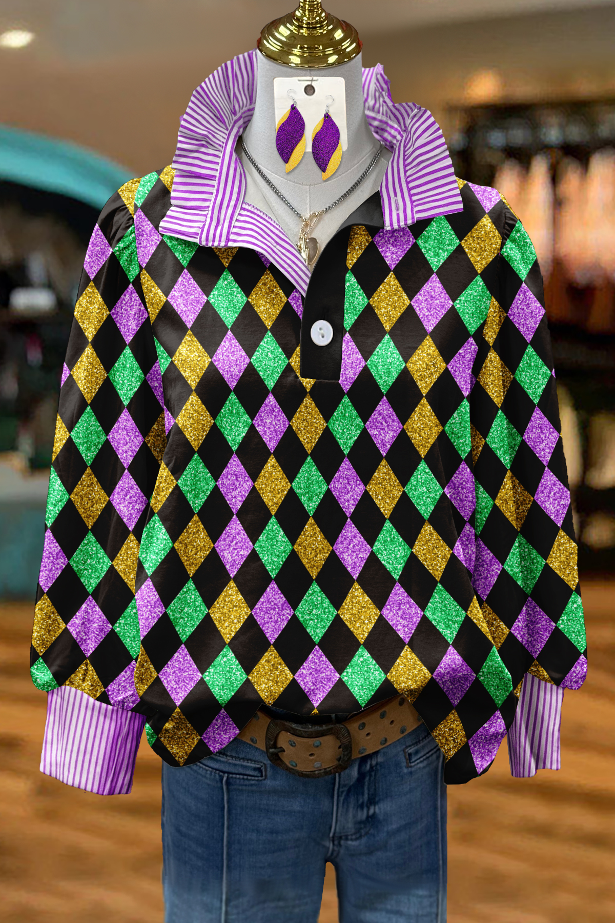 Mardi Gras Color-Blocked Plaid Patchwork Shirt
