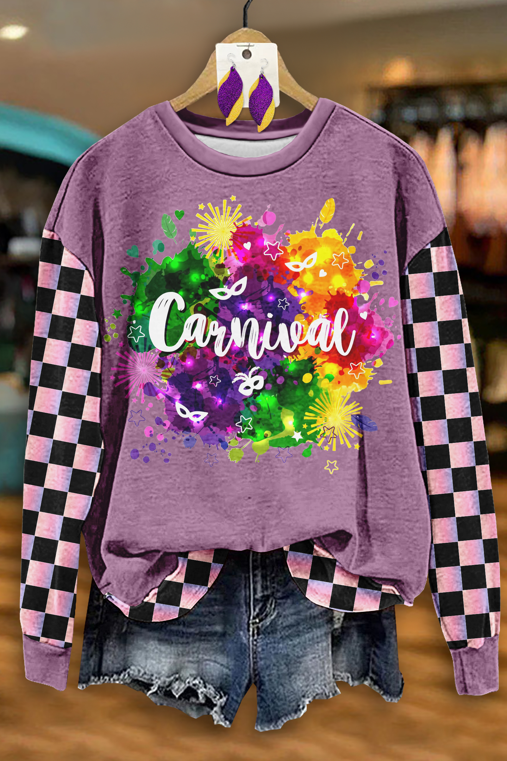 Mardi Gras Retro Plaid Patchwork Sweatshirt