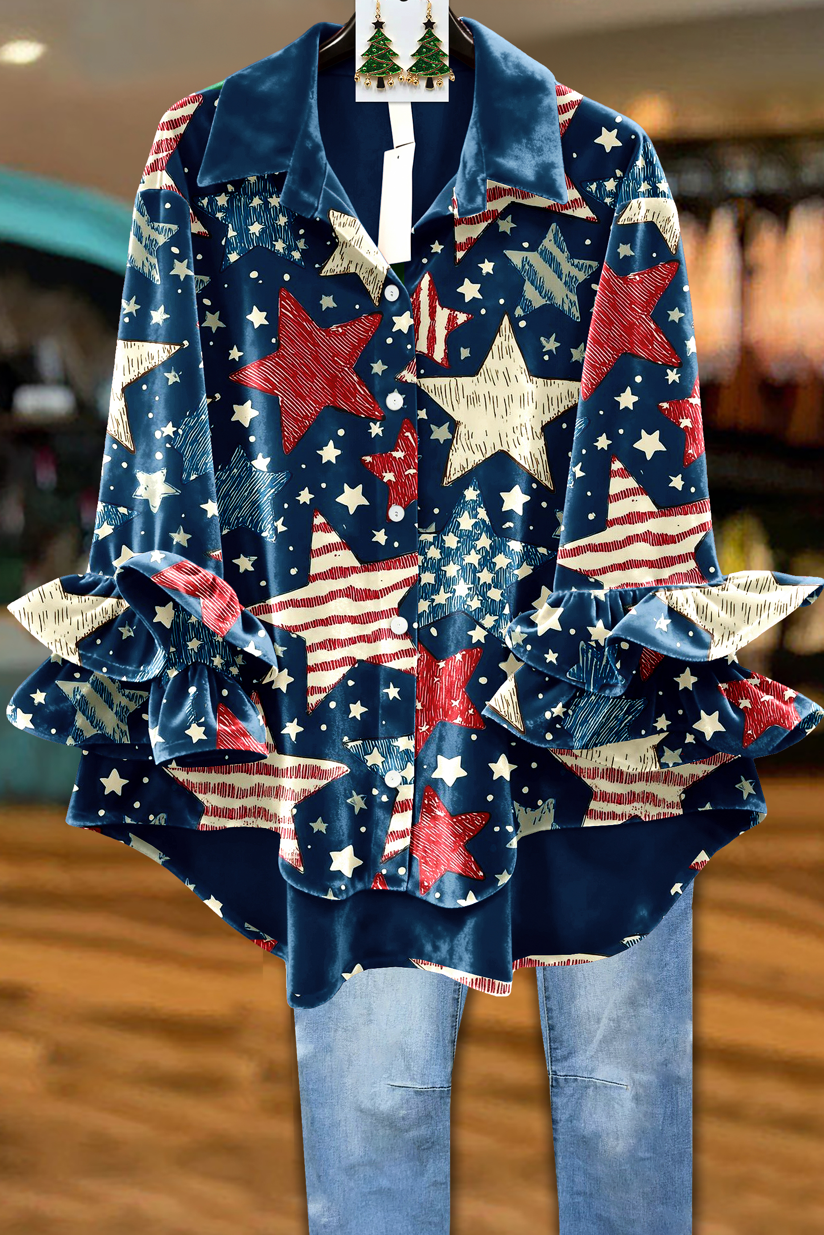 Velvet American Flag Star Ruffle Sleeve Top