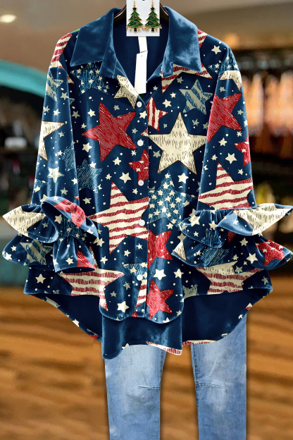 Velvet American Flag Star Ruffle Sleeve Top