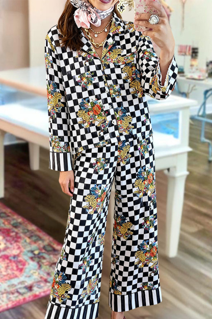 Retro Courtly Flower Plaid Pajama Set