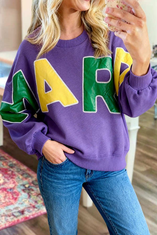 Mardi Gras Color-Blocked Letter Batwing Sleeve Sweatshirt