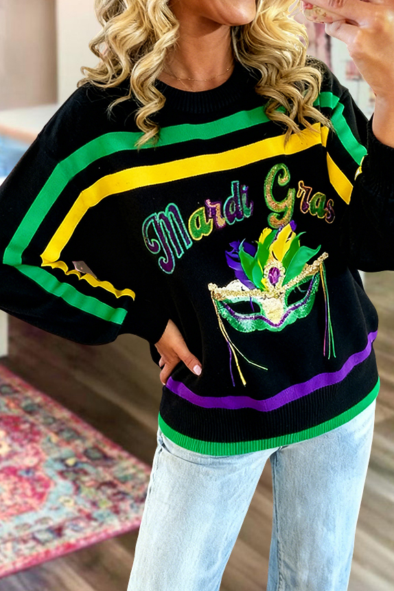 Mardi Gras Mask Striped Batwing Sleeve Sweatshirt