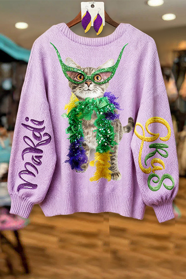 Mardi Gras Cute Cat Batwing Sleeve Sweatshirt