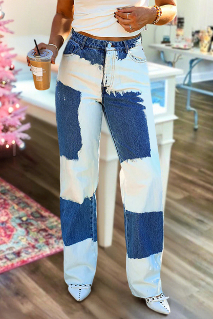 Western Cowboy Style Color-Blocked Wide-Leg Pants