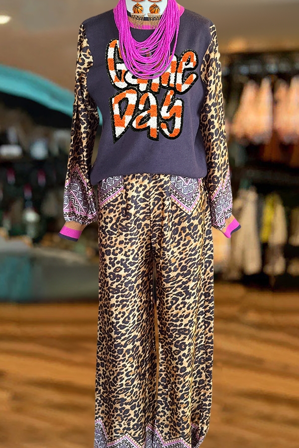 Game Day Basketball Leopard Sweatshirt And Pants Two-Piece Set