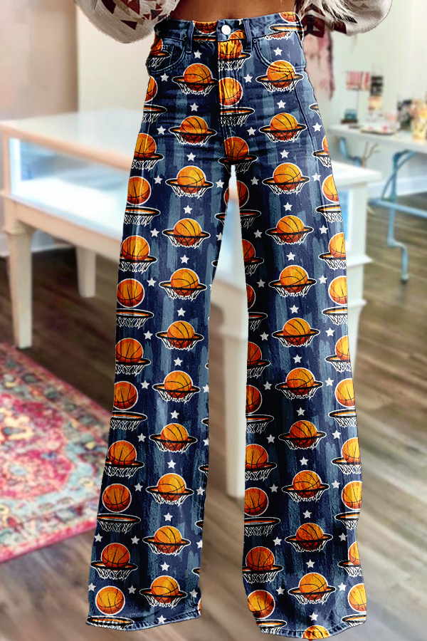 Game Day Basketball Print Wide-Leg Pants