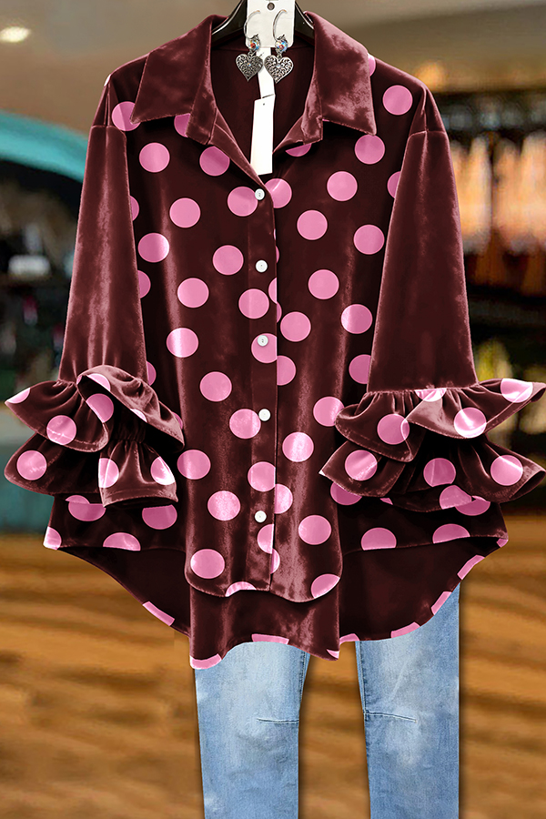 Retro Velvet Polka Dot Ruffle Sleeve Top