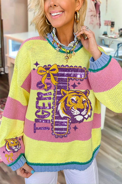Baseball Striped Sparkly Tiger Sweater