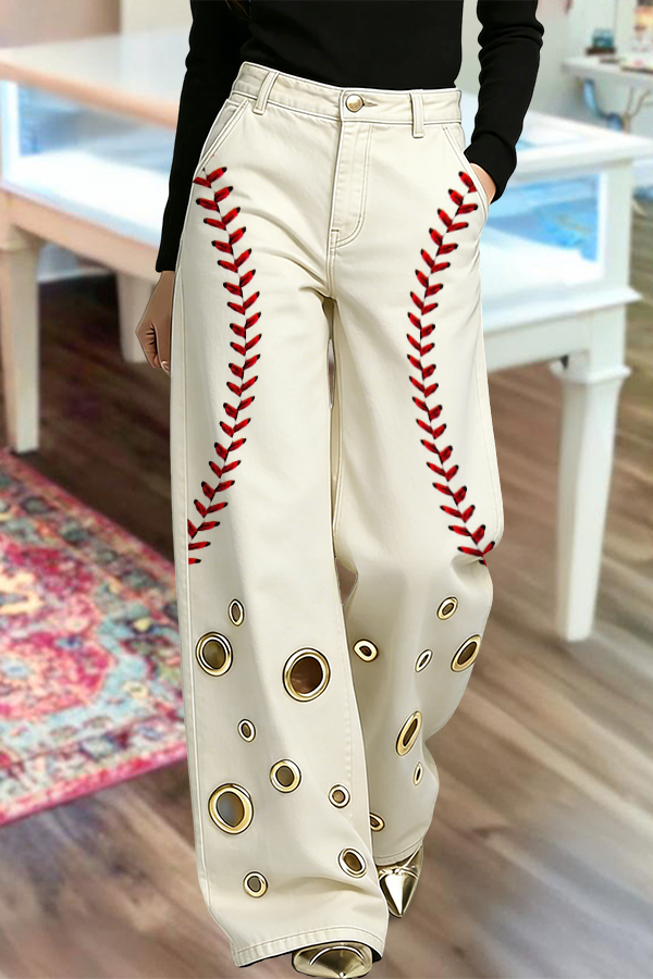Game Day Baseball Metal Eyelet Jeans Wide-Leg Pants
