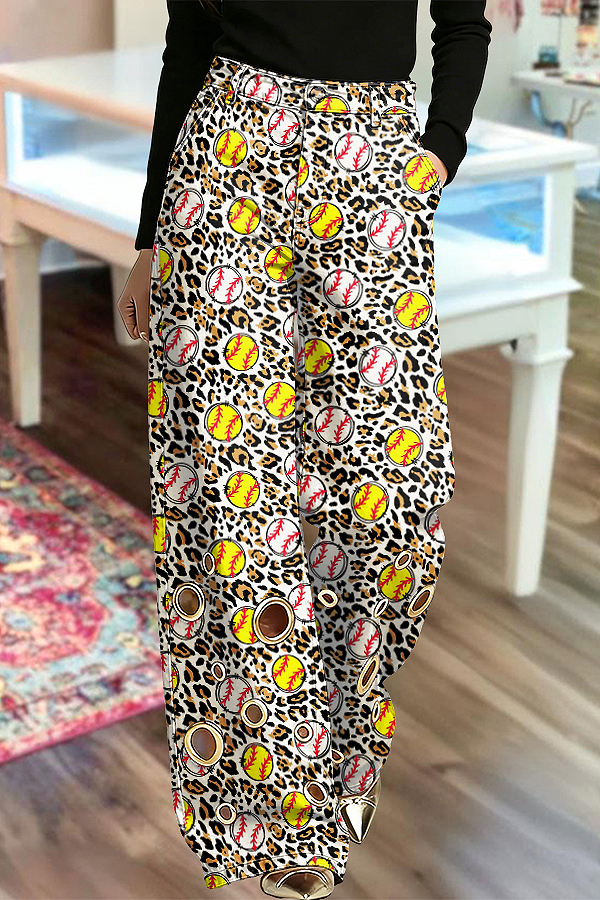 Game Day Baseball Leopard Metal Eyelet Wide-Leg Pants