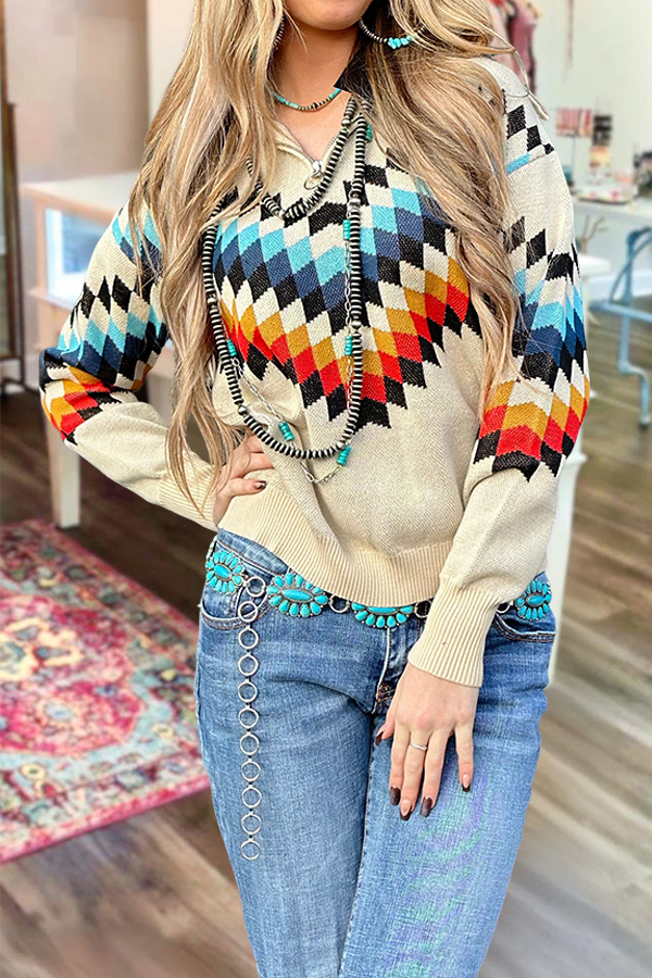 Women's top | Western-Style Colorful Geometric Half-Zip Pullover |mywesternoutfit
