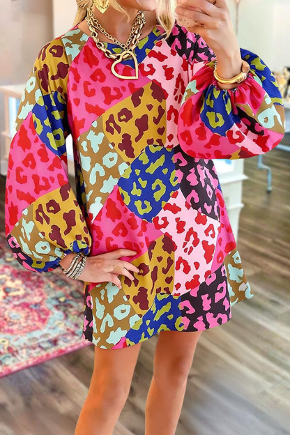 Colorful Leopard Lantern Sleeve Sweatshirt Dress