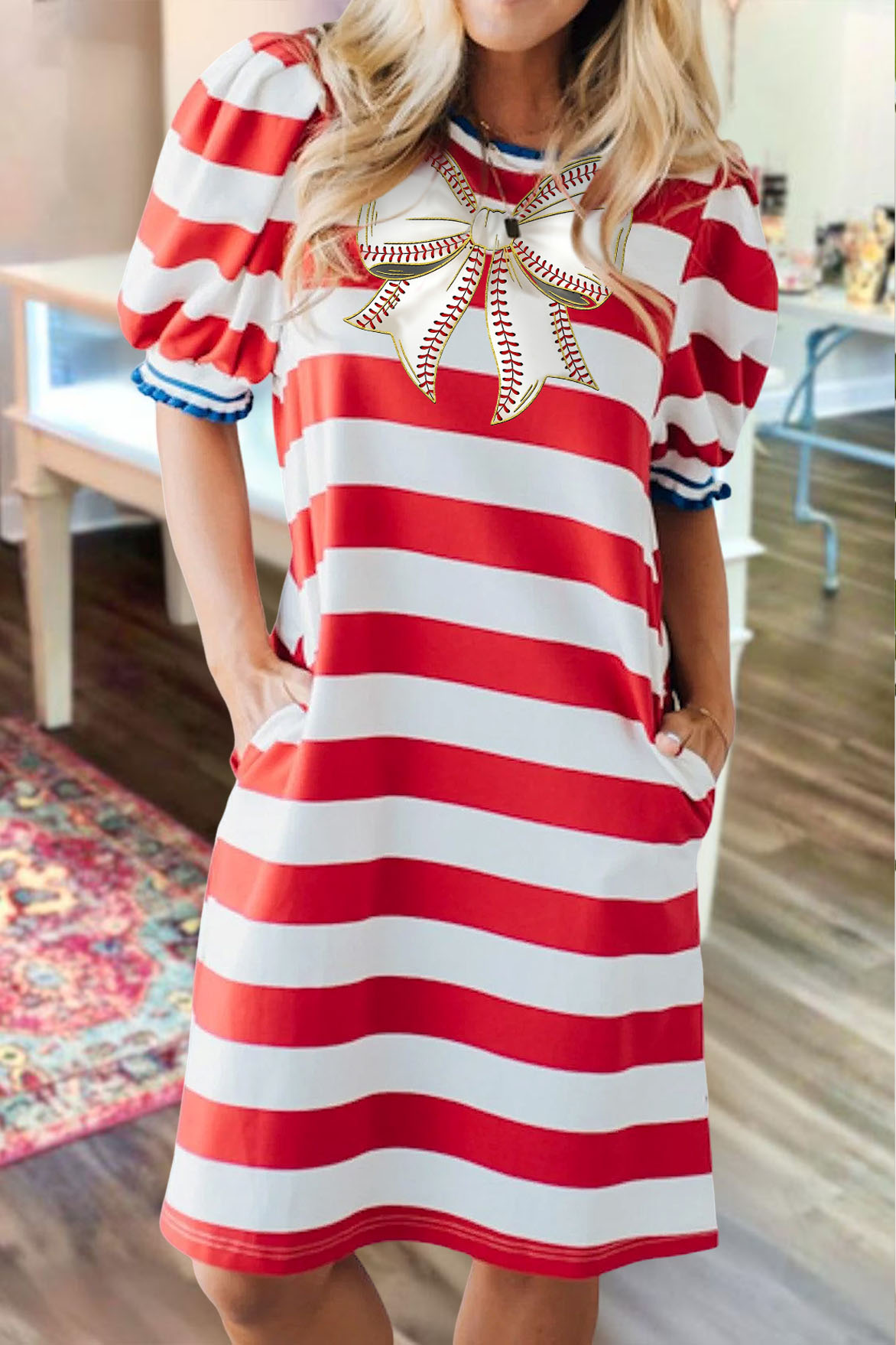 Game Day Baseball Bow Pocket Puff Sleeve Dress