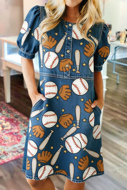 Game Day Baseball Denim Button-Up Puff Sleeve Dress
