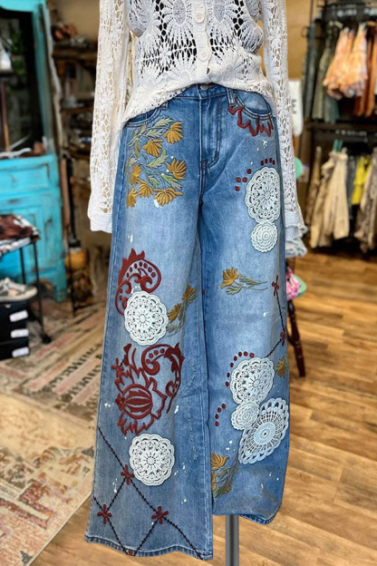 Denim-Style Lace Print Wide-Leg Pants