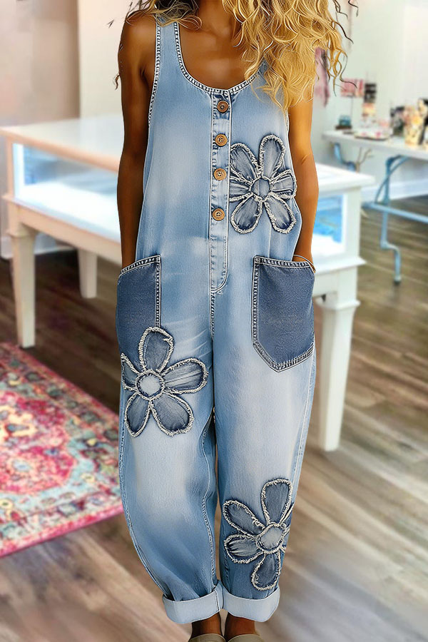 Retro Washed Cotton Denim Floral Double Pocket Overalls