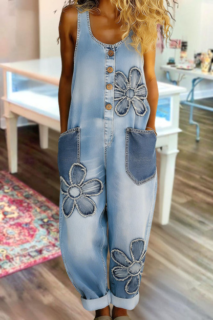 Retro Washed Cotton Denim Floral Double Pocket Overalls