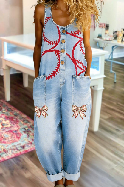 Game Day Baseball Denim Bow Double Pocket Overalls