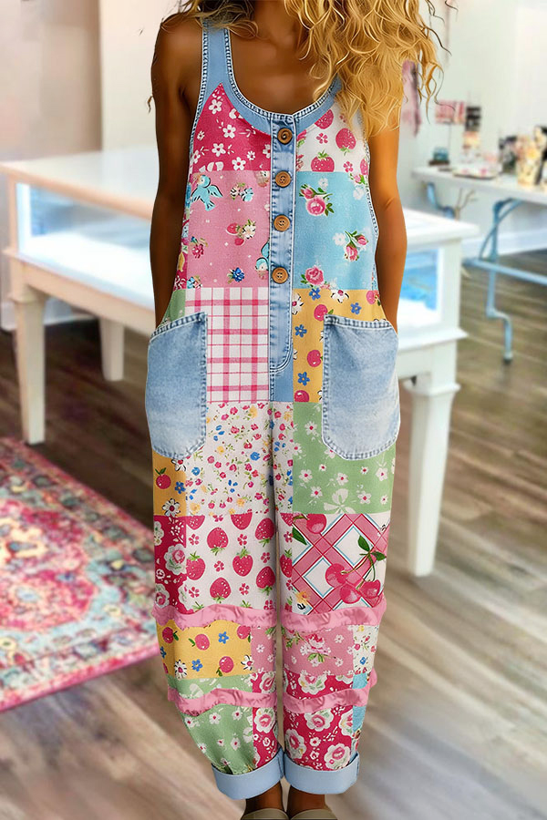 Fresh Washed Cotton Floral Double Pocket Overalls