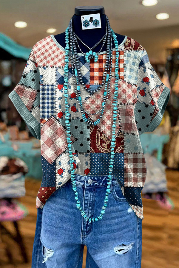 Country-Style Plaid Patchwork Batwing Sleeve Top