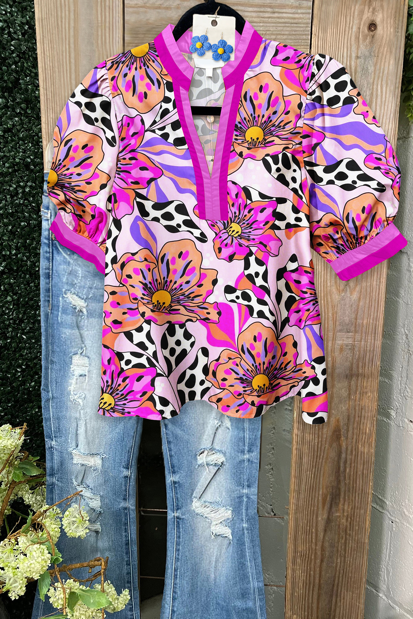 Charming Animal Print Floral Puff Sleeve Shirt