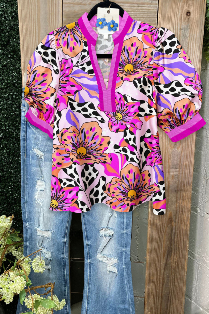 Charming Animal Print Floral Puff Sleeve Shirt