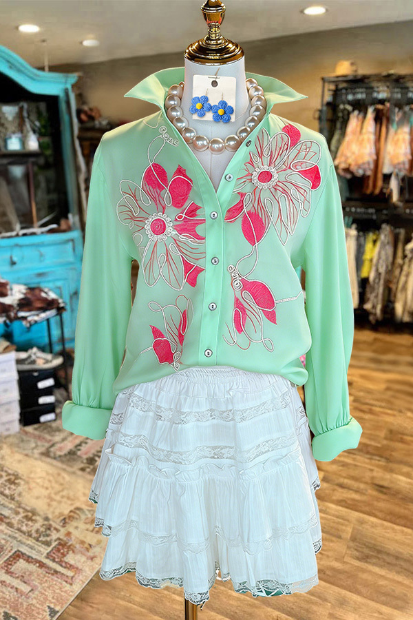 Women's top | Fresh Color-Blocked Floral Cotton Beach Shirt |website-mywesternoutfit