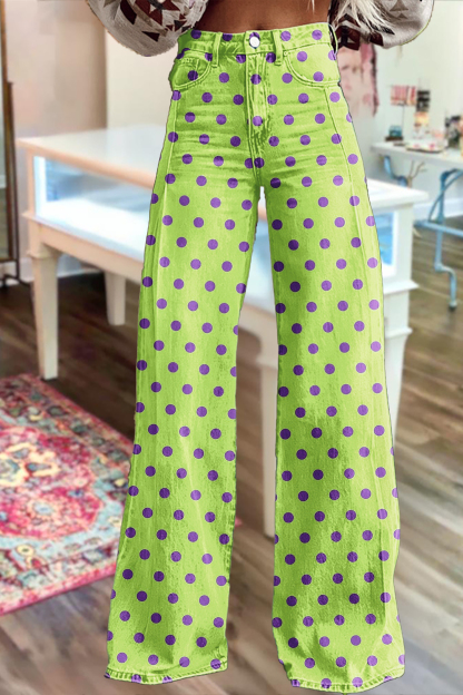 Fresh Polka Dot Washed Cotton Wide-Leg Pants