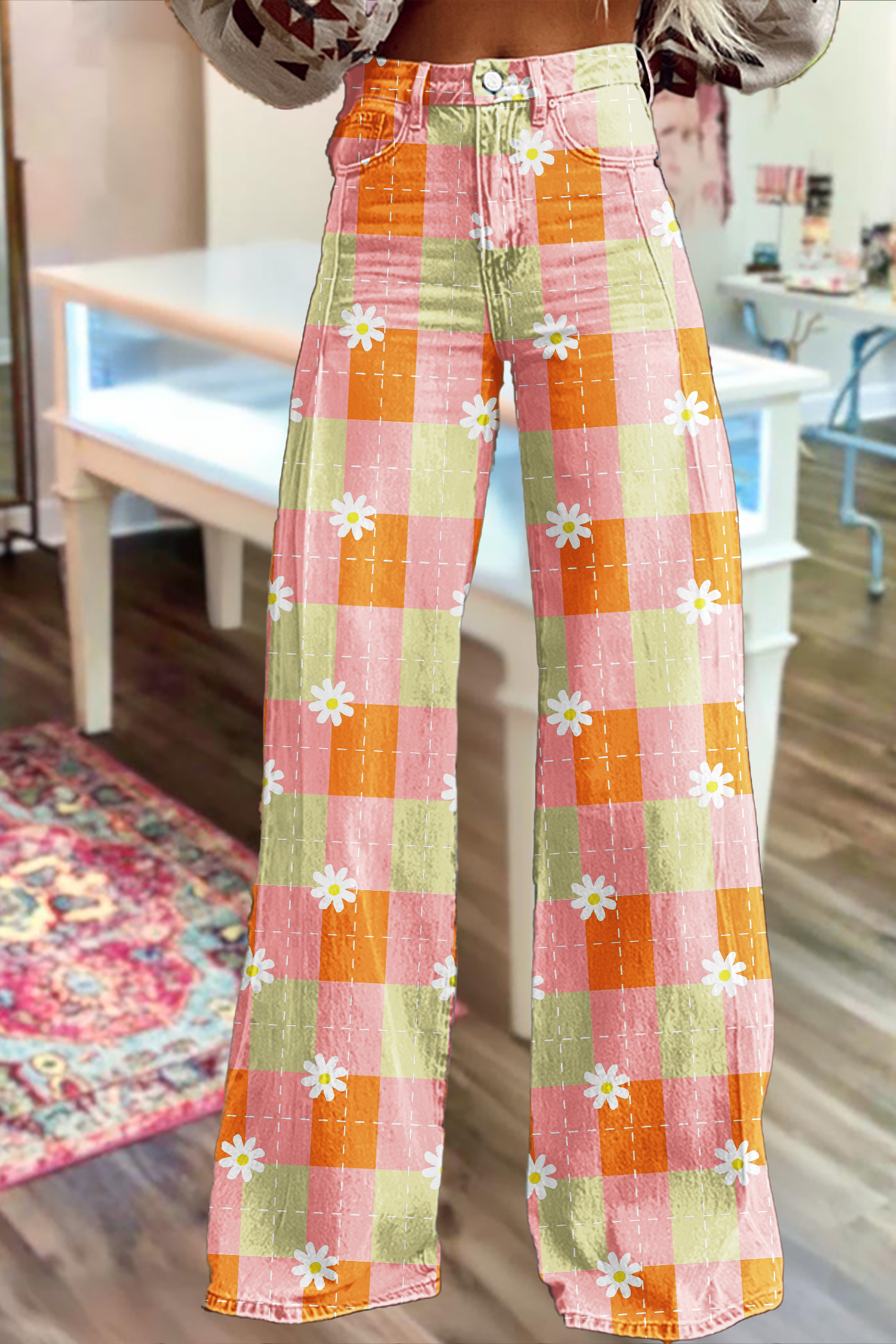 Fresh Daisy Plaid Washed Cotton Wide-Leg Pants