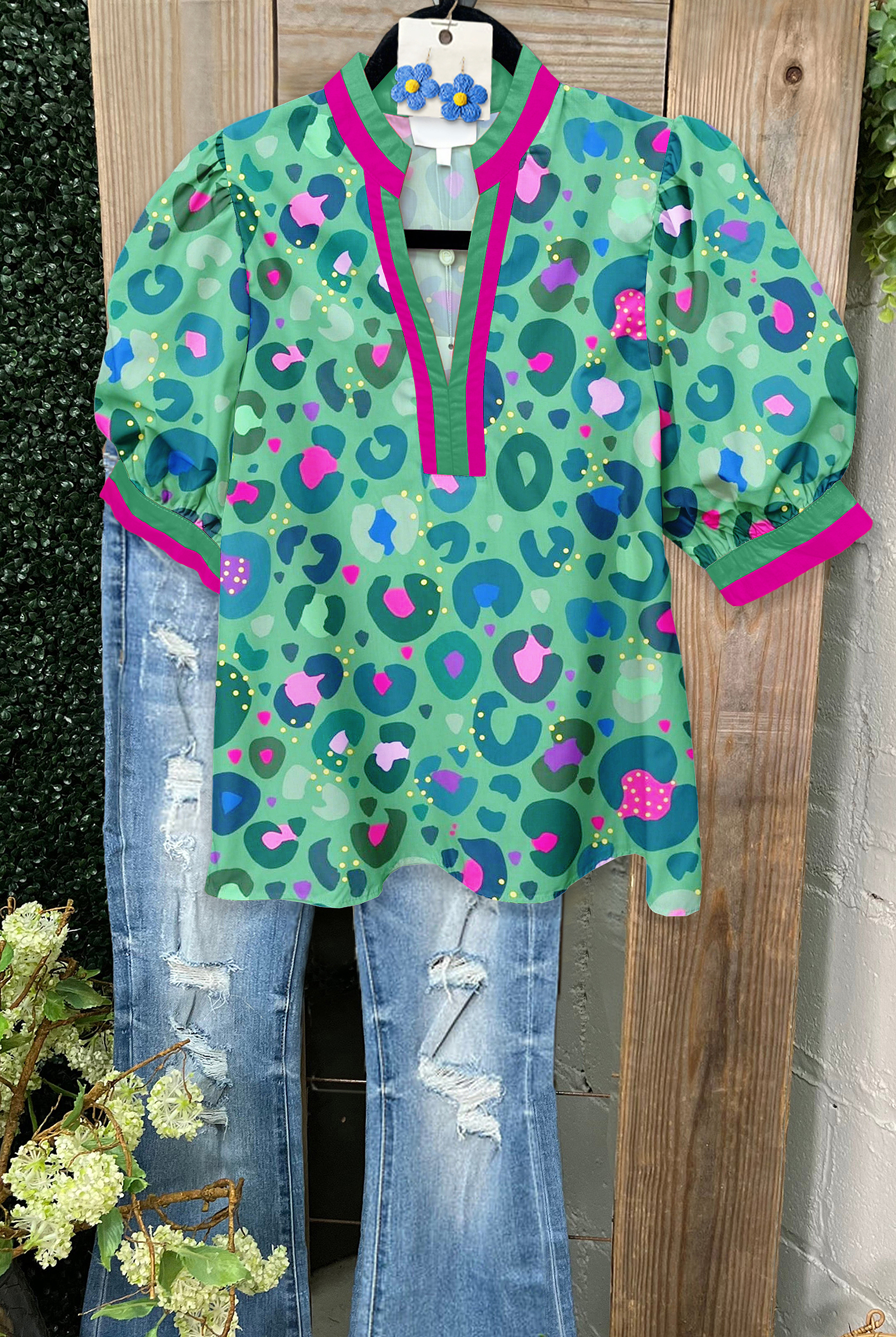 Colorful Leopard Print Patchwork V-Neck Shirt