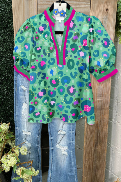 Colorful Leopard Print Patchwork V-Neck Shirt