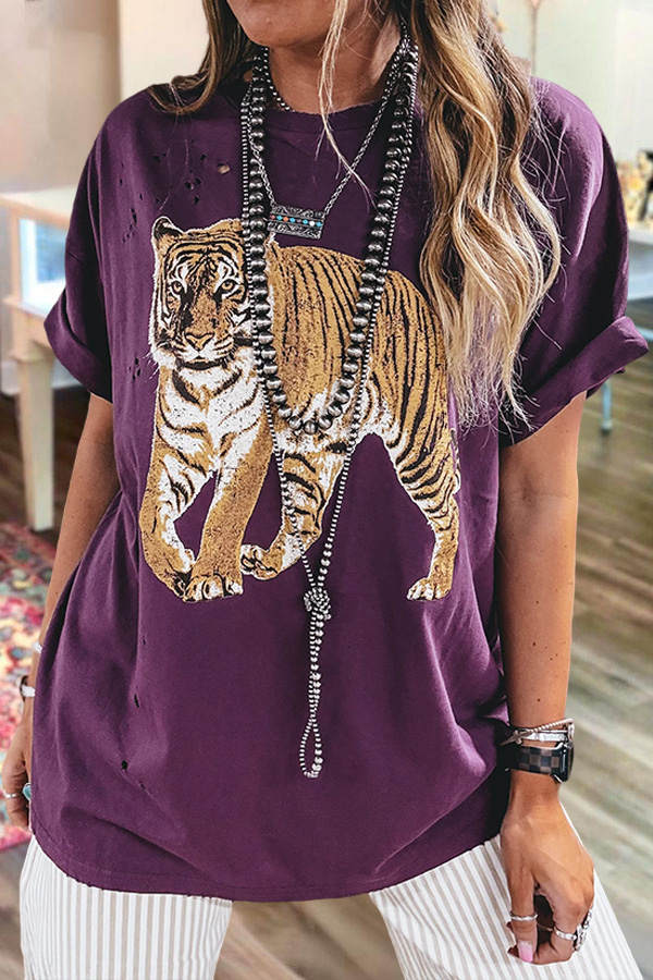 Retro Distressed Tiger Crew Neck T-Shirt