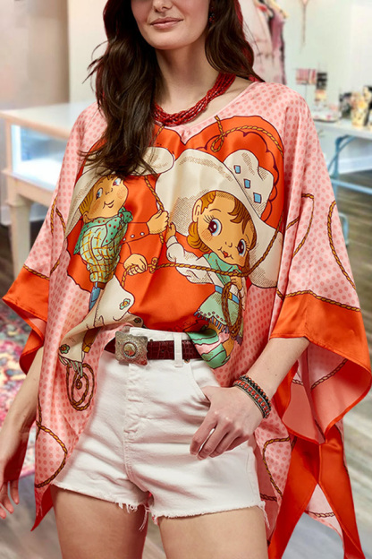 Satin Cute Cowgirl Polka Dot Batwing Sleeve Top