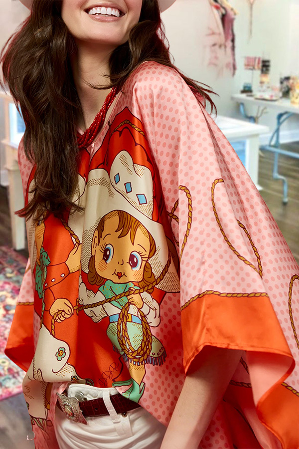 Satin Cute Cowgirl Polka Dot Batwing Sleeve Top