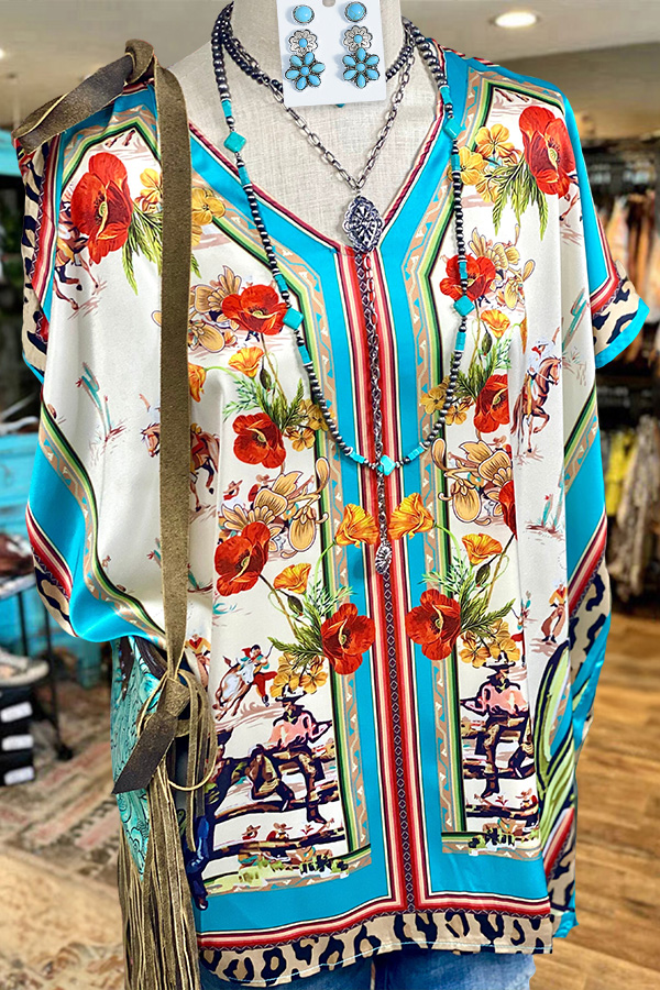 Western Turquoise Floral Satin Top