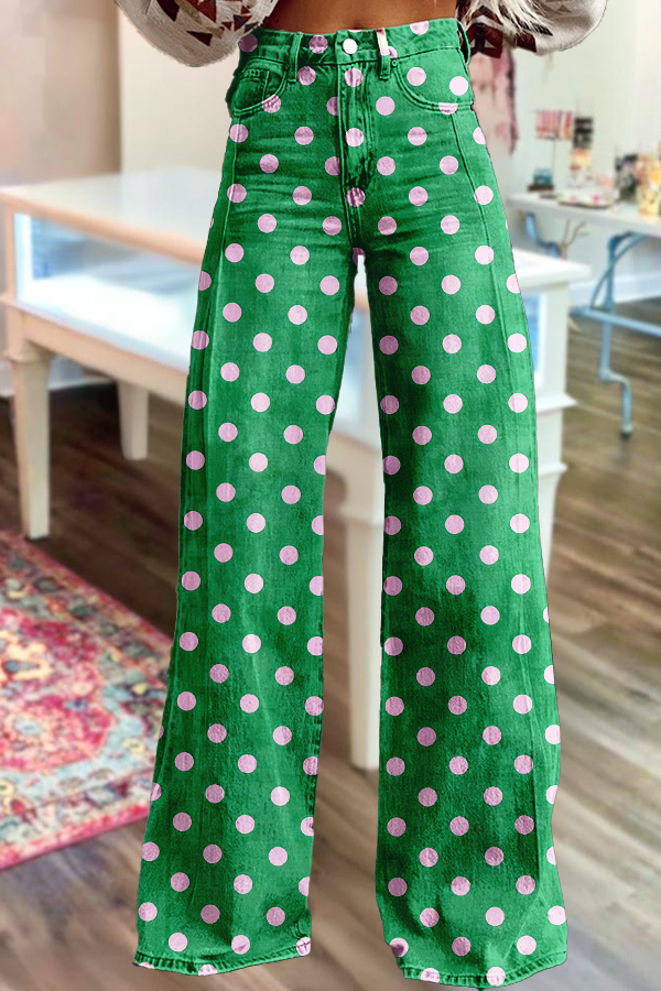 Retro Washed Cotton Polka Dot Wide-Leg Pants