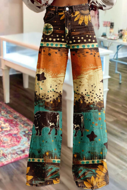 Western Daisy Washed Cotton Wide-Leg Pants