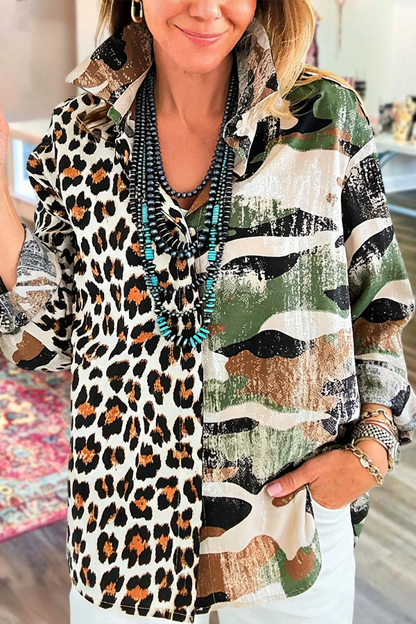 Washed Cotton Leopard Camouflage Patchwork Shirt