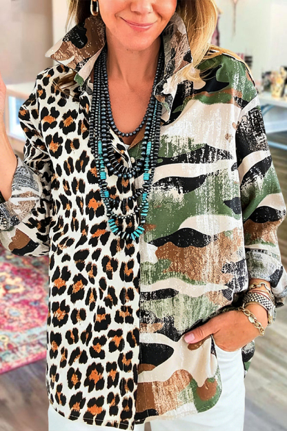 Washed Cotton Leopard Camouflage Patchwork Shirt