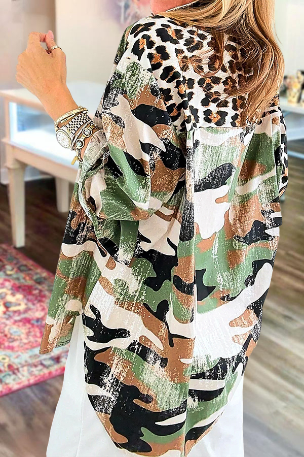 Washed Cotton Leopard Camouflage Patchwork Shirt